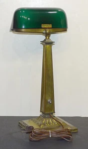 Arts Crafts EMERALITE Antique GREEN GLASS SHADE Student Desk Table BANKERS LAMP - Picture 1 of 11