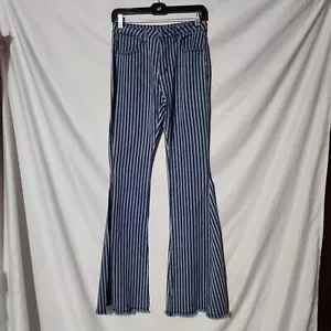 NEW - Medium - SAINTS & HEARTS Blue Two-Tone Striped Bell Bottom Jeans, Fringe - Picture 1 of 10