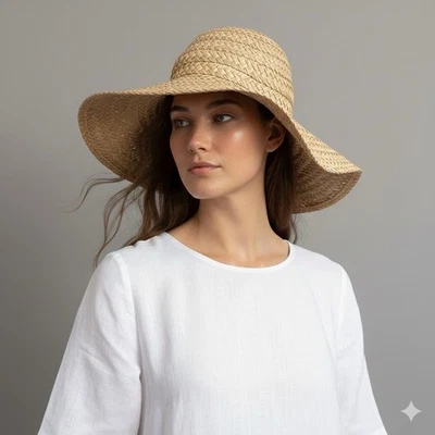 Vintage Natural Straw Raffia Floppy Large Brimmed Hat - O/S - Image 1 of 4