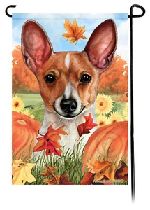 Falling Leaves Garden Flag - Red and White Toy Fox Terrier - Foto 1 di 1