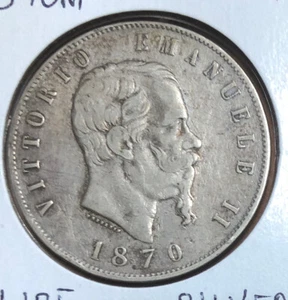 1870 M-BN ITALY, Vittorio Emanuele II, 5 Lire Silver Coin-KM#8.4 - Picture 1 of 4
