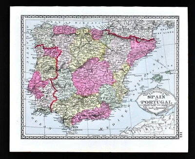 1886 Tunison Map Spain Portugal Lisbon Madrid Toledo Barcelona Oporto Gibraltar - Image 1 of 3