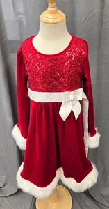 Bonnie Jean Holiday Red Velour Sparkly Sequin Dress Faux Fur Trim 6x Christmas - Picture 1 of 4