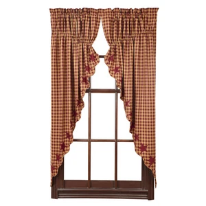 New Country Primitive BURGUNDY TAN CHECK STARS PRAIRIE SWAGS Window Curtains - Picture 1 of 1