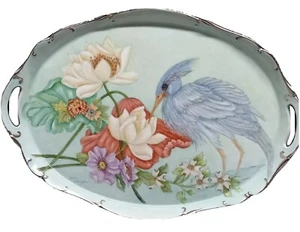 STUNNING Signed Hand Painted Heron Egret Serving Tray Silver Rim & Handles 16"  - Picture 1 of 8