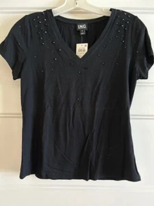 Inc International Concepts Top V-Neck Sz Petite PS Black Embellished NWT - Picture 1 of 2