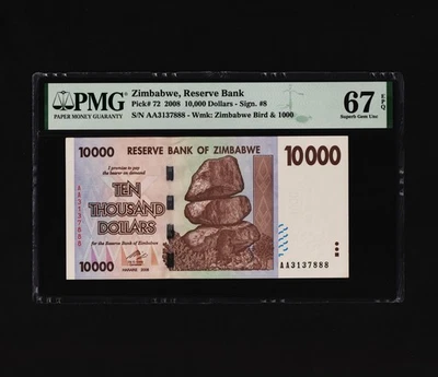 10.000 dólares Zimbabwe 2008 P72 PMG 67 excelente gema sin circular EPQ raro Wmk: pájaro y 1000 Foto 1 de 4
