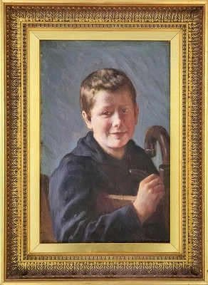 Pintura al óleo. Sophus Vermehren (1866-1950): "Niño con pipa de tabaco" Foto 1 de 4