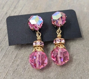 Pink AB Aurora Borealis Crystal Dangle Drop Clip-on Earrings Vintage Gold Tone - Picture 1 of 11