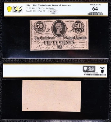 Amazing VCH/UNC T-72 1864 50 Cents Confederate CSA Note! PCGS 64! FREE SHIPPING! - Image 1 of 3