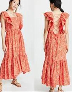 ULLA JOHNSON Freida Maxi Dress in Coral Batik 8 Luxury Resort Feminine Romantic - Picture 1 of 19