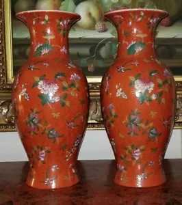 19th Century large Chinese Porcelain CORAL GROUND VASES FLORAL INSECTS signed - Picture 1 of 12