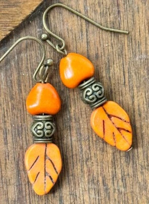 Bronze and Orange Howlite Leaves. Available In Gold or Silver Upon Request - Image 1 of 3