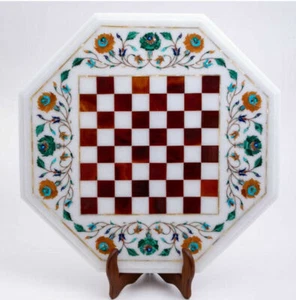 18'' White Marble Chess Table Top Pietra Dura Inlay Children Game Kids c57 - Picture 1 of 3