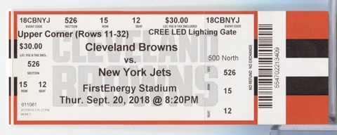 2018 Cleveland Browns vs NY Jets 9/20 Baker Mayfield NFL Debut Ticket (B) PSAT Cover