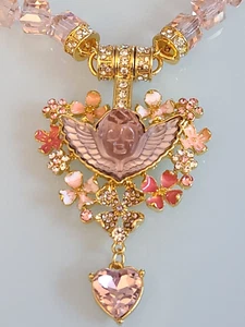 KIRKS FOLLY SIGNED ENCHANTED GARDEN ANGEL CHERUB NECKLACE PINK CRY MAGNETIC - Picture 1 of 20
