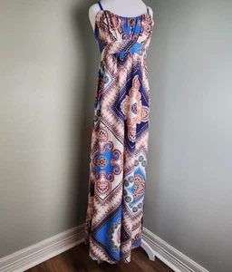 Boho Festival Geometric Floral Elle Maxi Dress Sz M Sleeveless Adjustable Strap - Picture 1 of 8