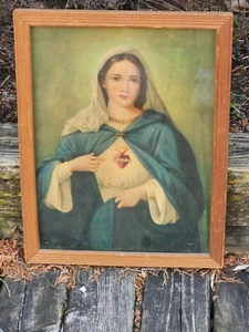 Immaculate Sacred Heart Mary Print Color Frame 16 x 21 Vtg Bless Virgin Madonna - Picture 1 of 24