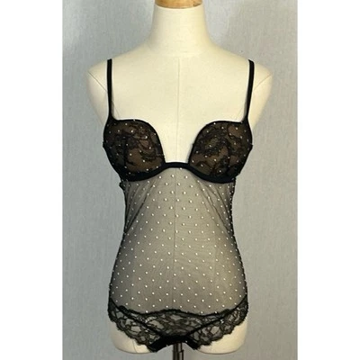 Body La Perla Negro Encaje Malla Blanco Polka Talla 34C Hecho en Italia Copa Moldeada Foto 1 de 4