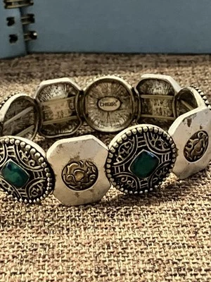  Chico's Stretch Bracelet Silver Tone with  Green Stones and Gold Tone Medalions - Image 1 of 4