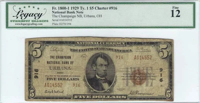 1929 $5 Sm Size National Bank Note, Champaign National Bank Urbana, OH Legacy 12 - Image 1 of 2