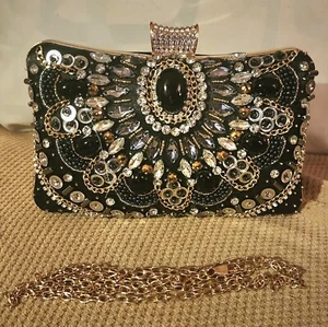 NEW Beaded Rhinestone Women's Clutch Evening Bag Black Gold Silver Formal Purse - Picture 1 of 10