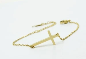 Women Titanium Stainless Steel Bless Gold Side Cross Chain Bracelet 5.8-7.5" - Picture 1 of 8