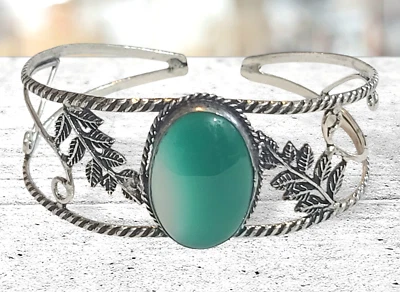 925 Silver Plated Green Onyx Leaf Bangle Cuff Bracelet Gemstone Handmade - Image 1 of 4