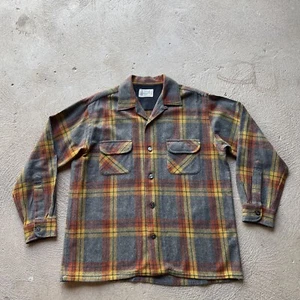 Vintage Penneys Shirt Mens Large Gray Button Up Towncraft Loop Collar Flap Wool - Picture 1 of 10