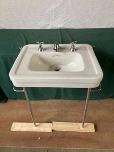 Large Antique 27x22 White Ceramic Crane Norwich Console Sink Chrome Legs 129-25E - Picture 1 of 21