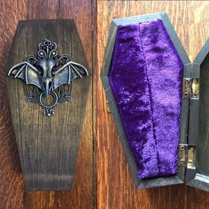 Vintage Inspired Coffin Ring Jewelry Box Engagement Wood Victorian Gothic Skull - Picture 1 of 4