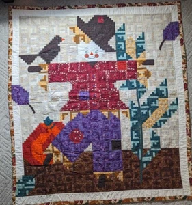 Handmade Patchwork Quilt SCARECROW Log Cabin Squares Wall Hanger 69"x62" - Picture 1 of 16