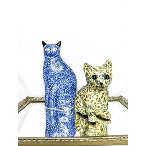 Set of Two Vintage Ceramic Cats, Blue White Spongeware Kitty with Black Ears - Picture 1 of 9