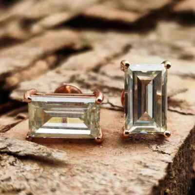14K Rose Gold Plated 2.10Ct Emerald Cut Lab Created Diamond Women's Stud Earring - Image 1 of 4
