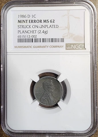 1986 D 1C NGC MS-62 (2.4g) Lincoln Penny Mint Error Struck On Unplated Planchet Cover