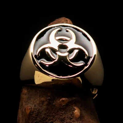 ROUND MENS GAMER BRASS RING TOXIC WASTE BIOHAZARD WARNING SYMBOL BLACK SIZE 7 - Image 1 of 4