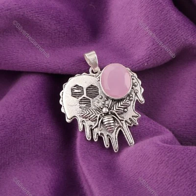 Colgante Art Deco compromiso madre plata esterlina 925 piedras preciosas calcedonia rosa Foto 1 de 4