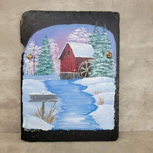 Vintage Hand Painted Winter Scene Slate Wall Art Red Mill House Decor - Picture 1 of 7