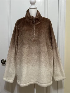 Denim & Co. Sherpa Tie-Dye Mock-Neck Half-Zip Top Warm Taupe 1X A461510 - Picture 1 of 12