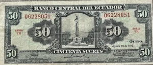 Rare Collectible 1976 Ecuador 50 Sucres Banknote In Plastic Protective Sleeve - Picture 1 of 2