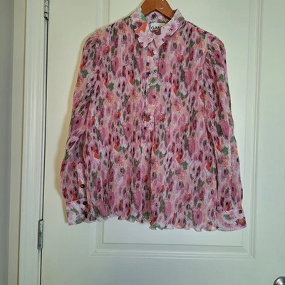 Ganni Pleated Georgette Blouse Bright White, Size 36 (US 4) - Image 1 of 4