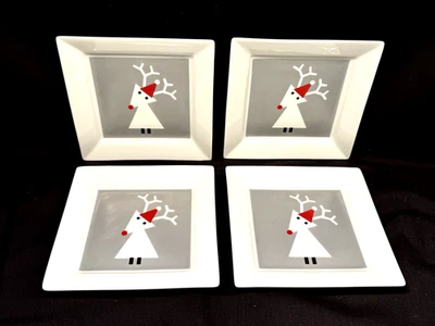 Crate & Barrel Appetizer Plates SNOW DEER 6" Square Set of 4  NEW - Image 1 of 4