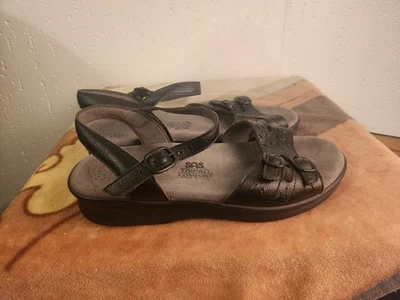 SAS Tripad Comfort Womens sz 7W Black Leather Ankle Strap Wedge Sandals #52 - Image 1 of 4