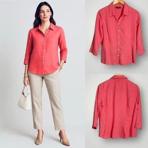 Lafayette 148 Button Front Blouse Womens Size 10 Pink 3/4 Sleeve 100% Linen Top - Picture 1 of 8