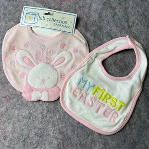 Baby girl Easter bibs lot of 2 My First Easter bunny pink twin holiday infant - Picture 1 of 8