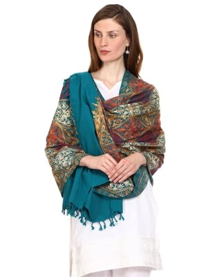Mantón grande de lana Kani cortado a mano estilo pashmina Jamavar cachemira negro rojo floral Foto 1 de 3