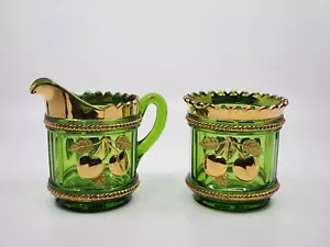 NORTHWOOD PEACH CABLE CREAMER SUGAR BOWL EMERALD GREEN AND GOLD - Picture 1 of 11