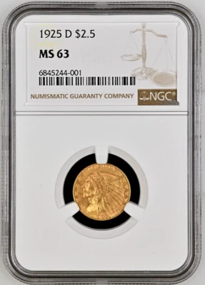 1925 D Gold Quarter Eagle $2.50 Indian Head Gold Coin NGC MS-63 - Image 1 of 2