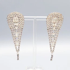 Vintage Rhinestone Earrings Statement Dangle Old Hollywood Wedding Prom 3"  - Picture 1 of 10