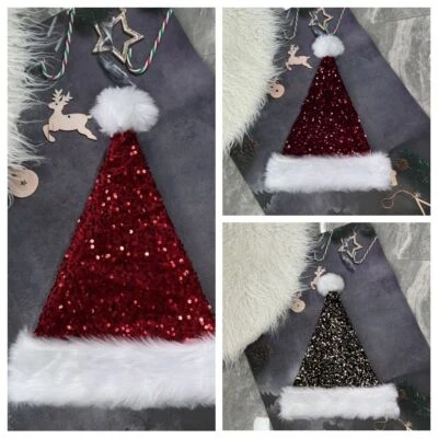 Sequins Santa Hat Christmas Cap for Adults Unisex with Plush Brim Comfort Liner - image 1 of 4